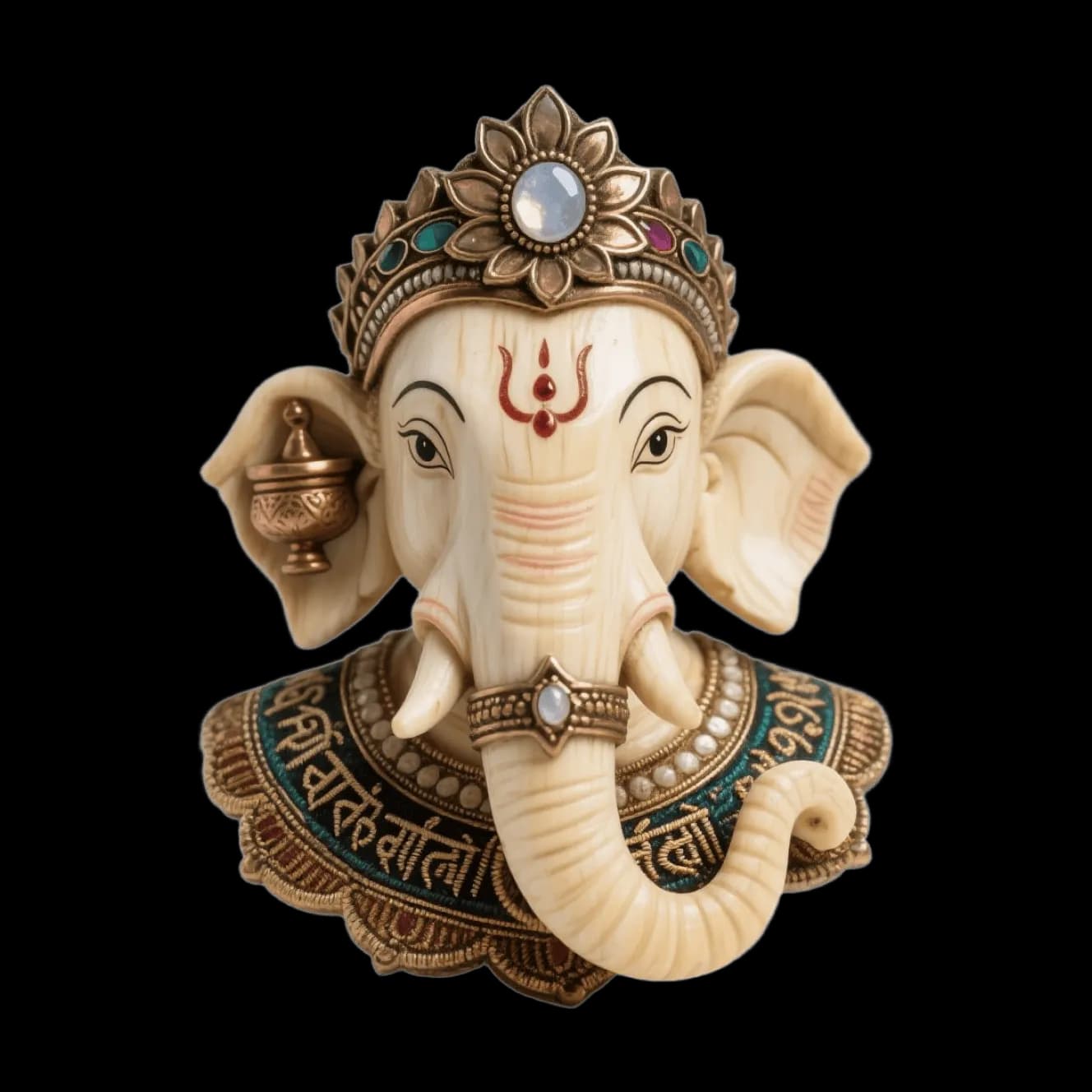 Ganesha elephant deity bust, ornate crown with gemstones, golden Sanskrit collar