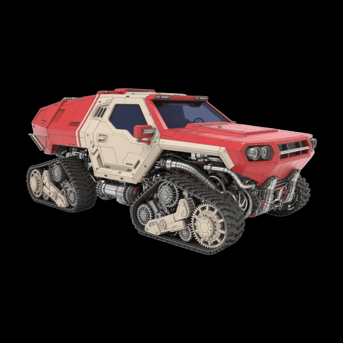 Sci-fi tracked vehicle, red armored body, exposed mechanical parts