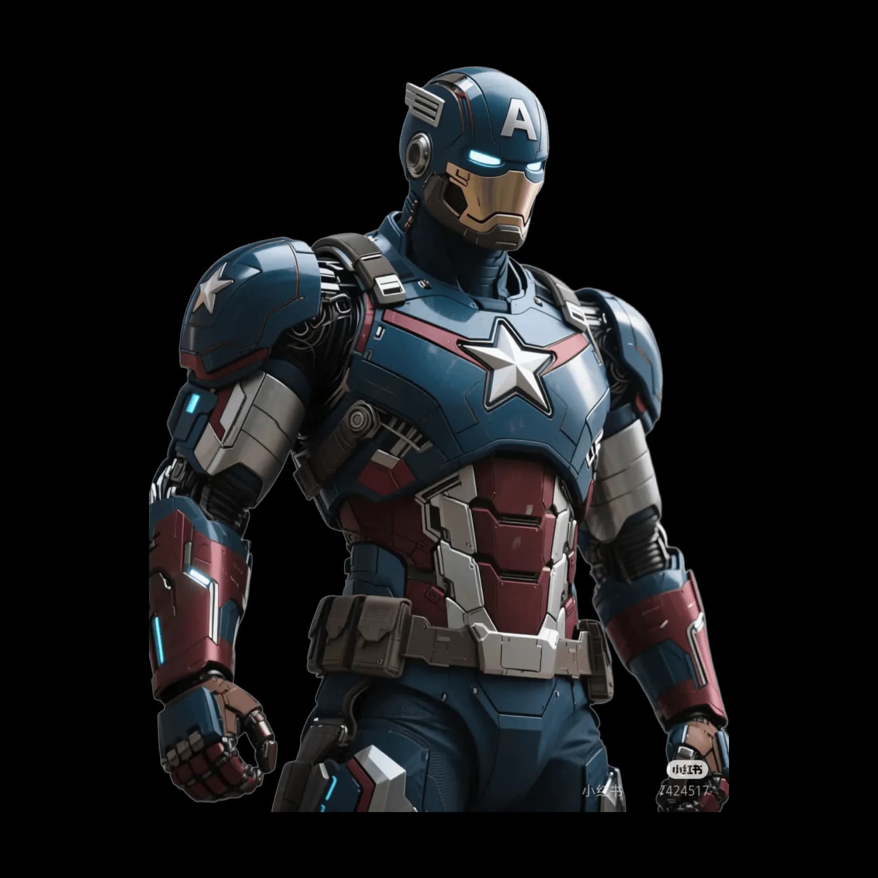 Patriot mech suit, blue red armor plating, star emblem chest