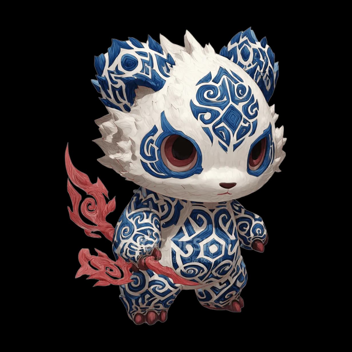 Chibi spirit creature, blue white porcelain pattern, flame staff