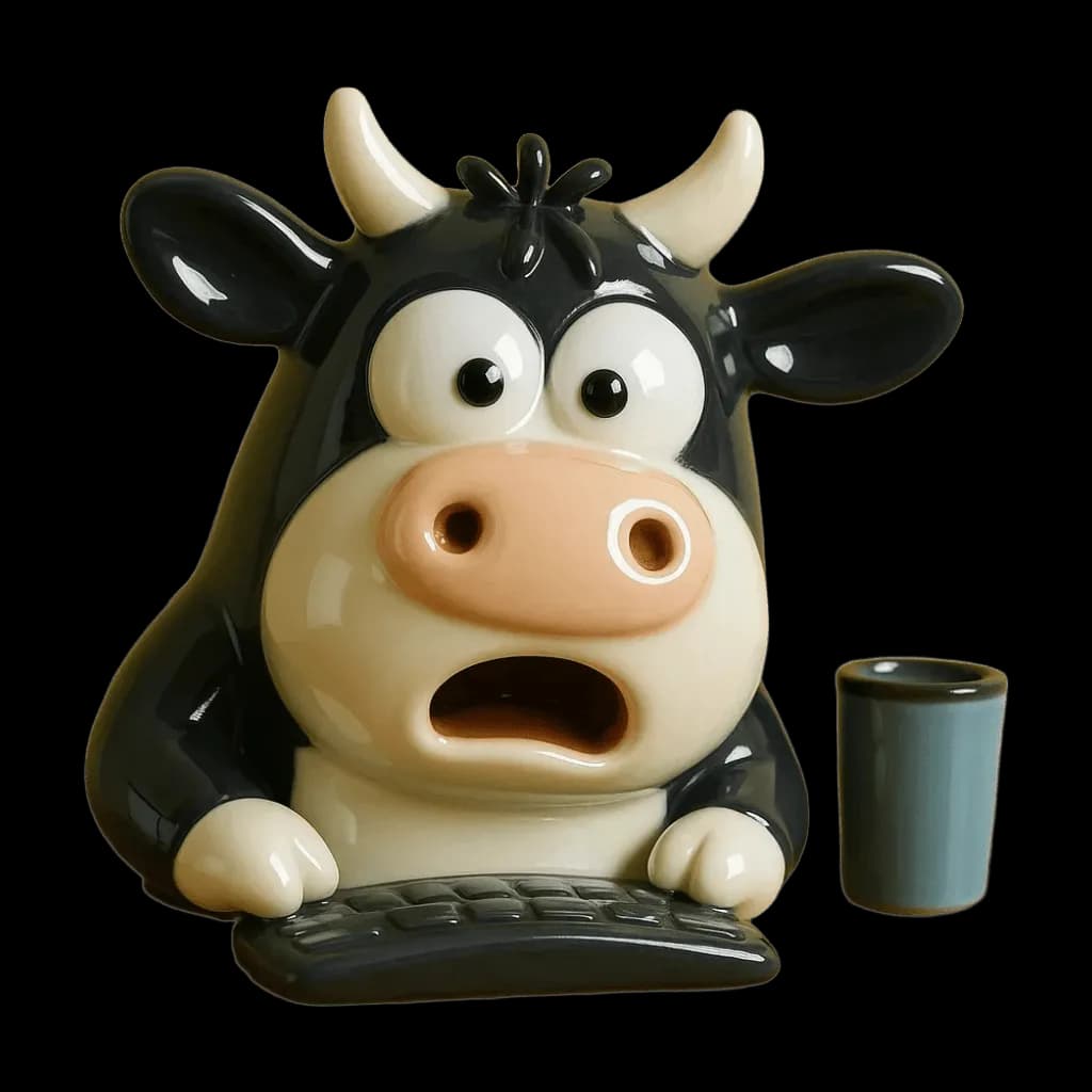 Ceramic cow figurine, cartoon eyes, typing on keyboard
