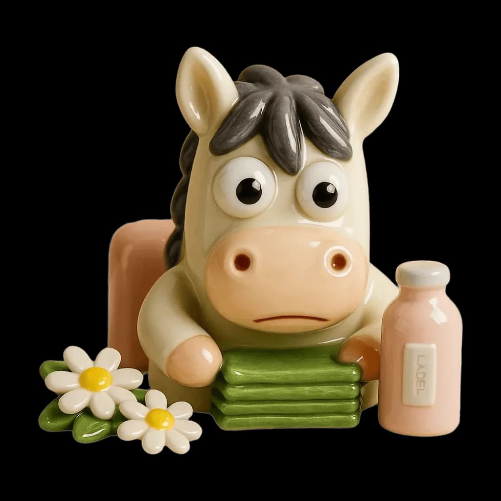 Ceramic pony figurine, sad expression, daisies and milk bottle