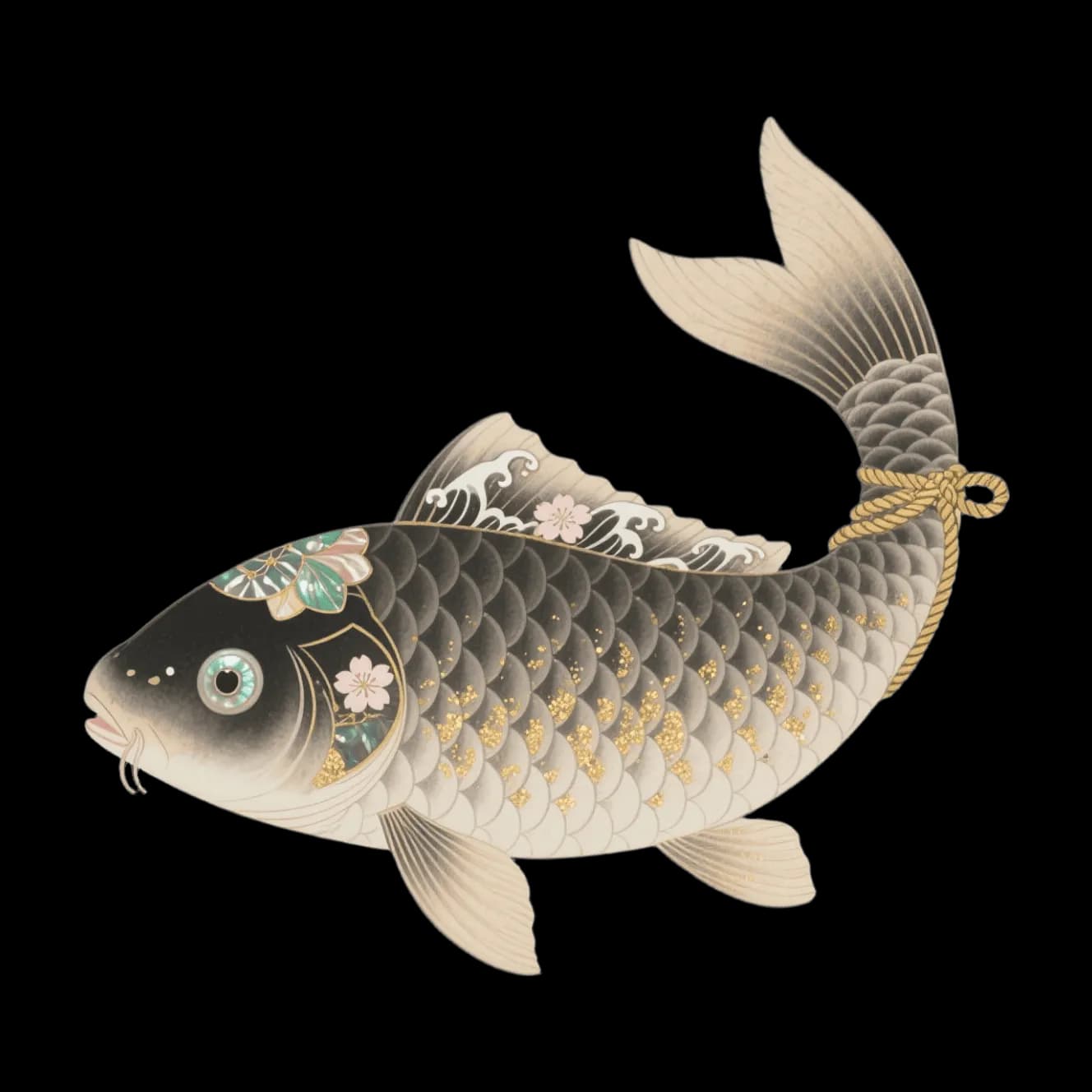Japanese koi fish, cherry blossom pattern, gold flakes on scales, rope tied tail