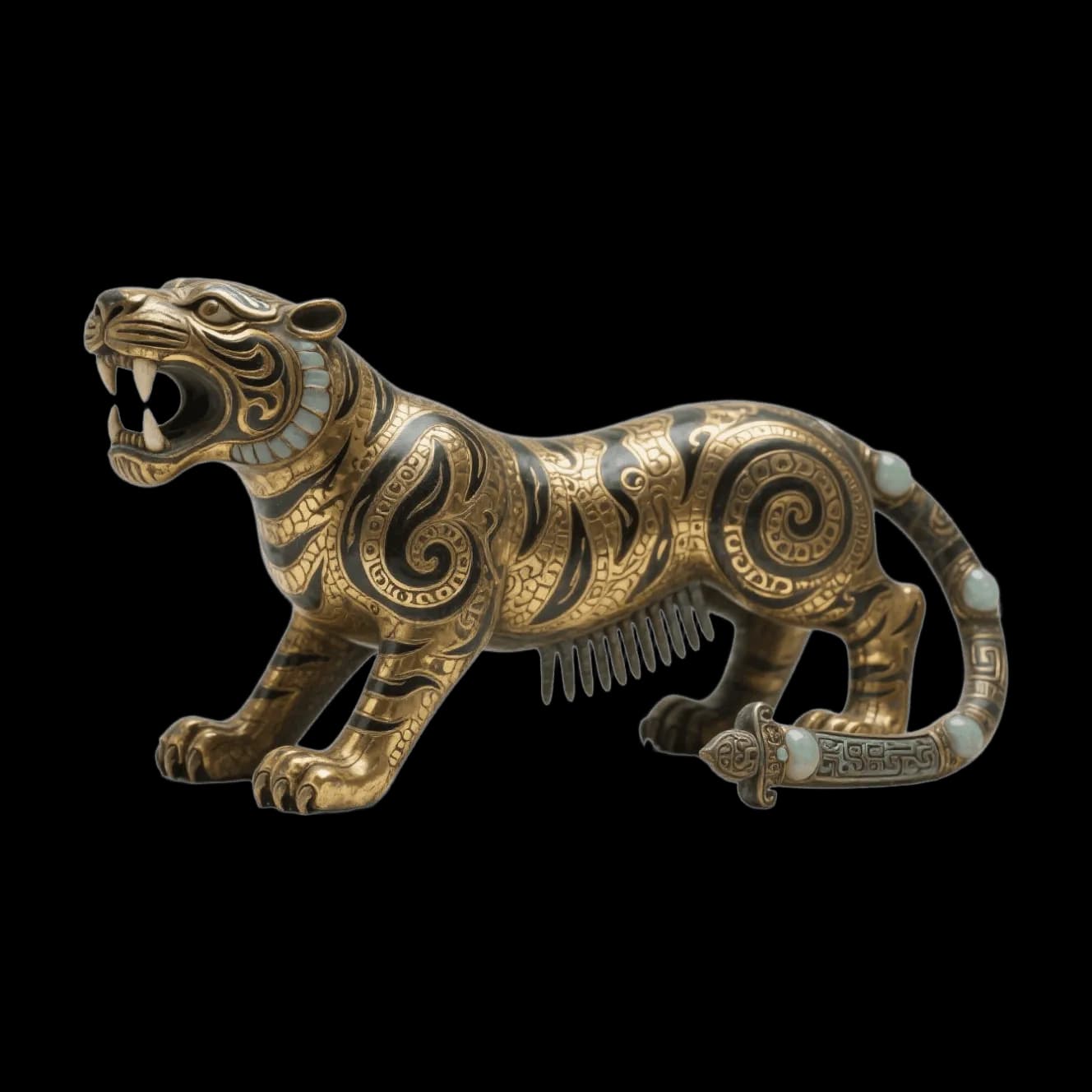 Bronze tiger sculpture, ancient Chinese spiral patterns, jade inlay details