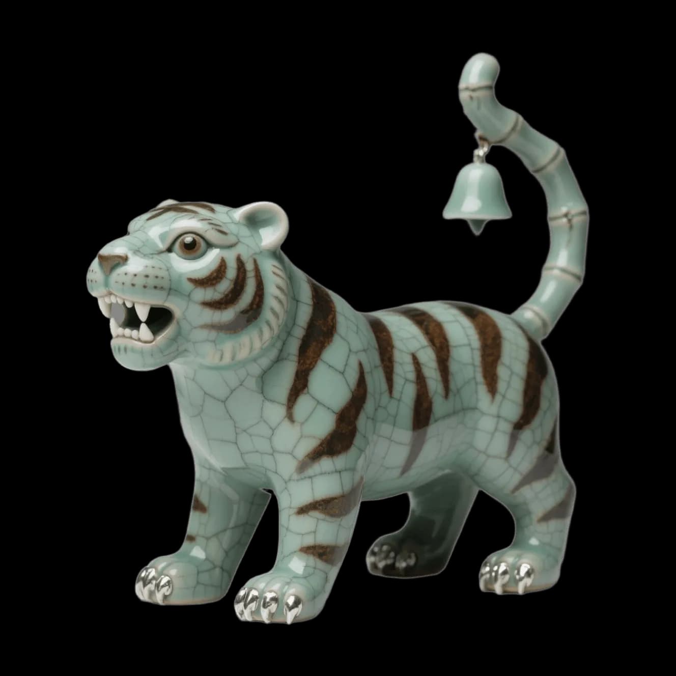 Celadon ceramic tiger, crackle glaze finish, bamboo tail with bell