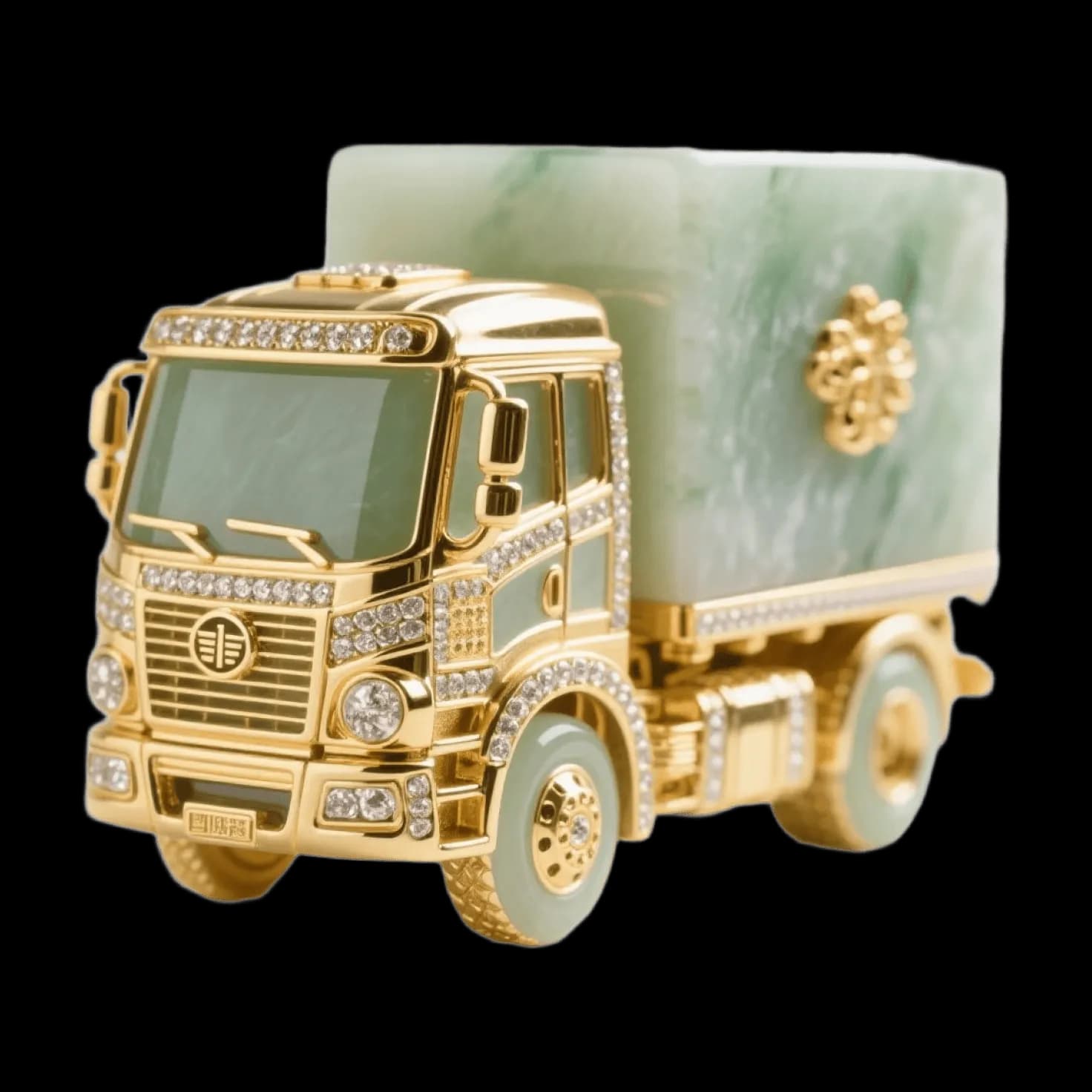 Gold luxury truck model, diamond encrusted cab, jade cargo container