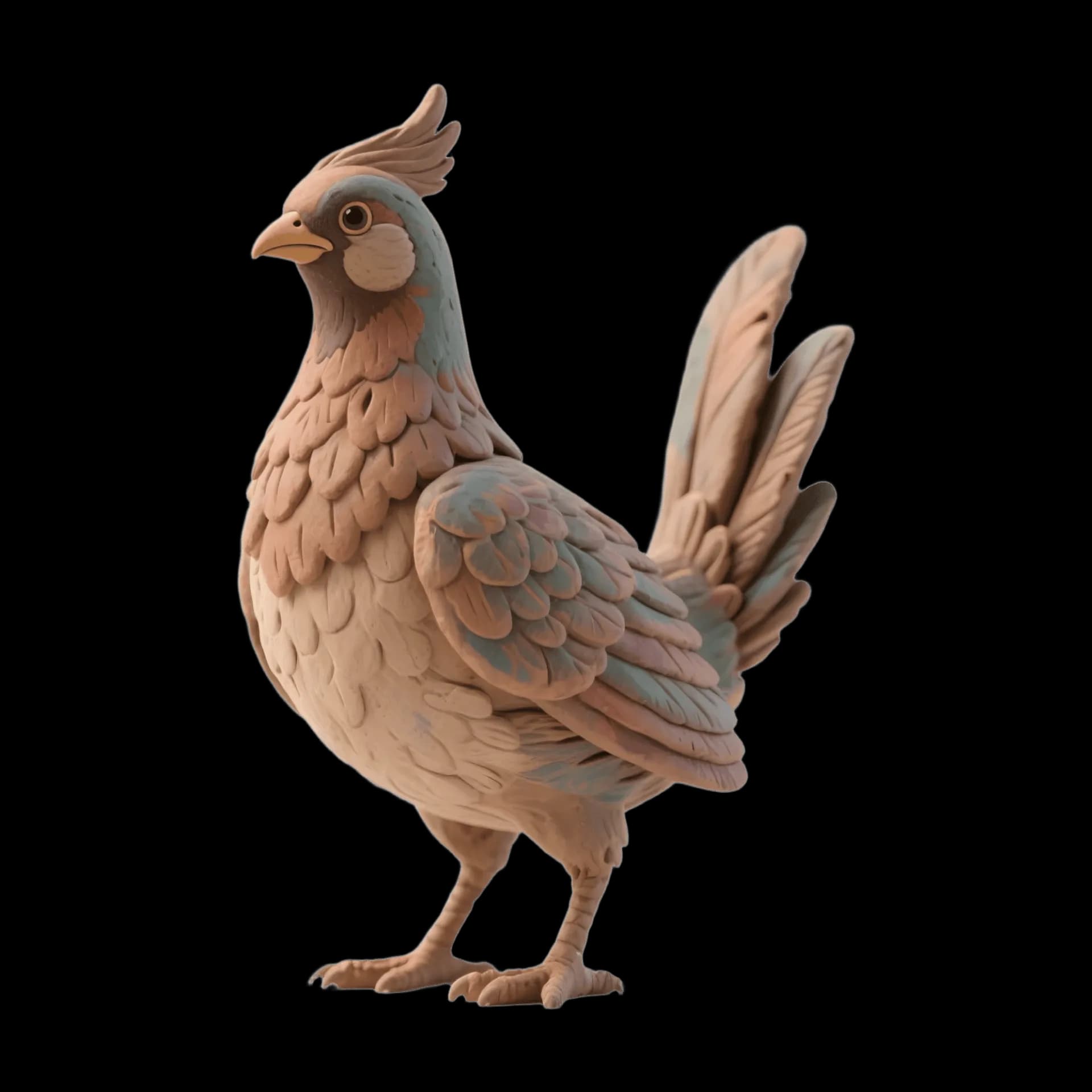 Terracotta rooster sculpture, muted pastel tones, folk art style