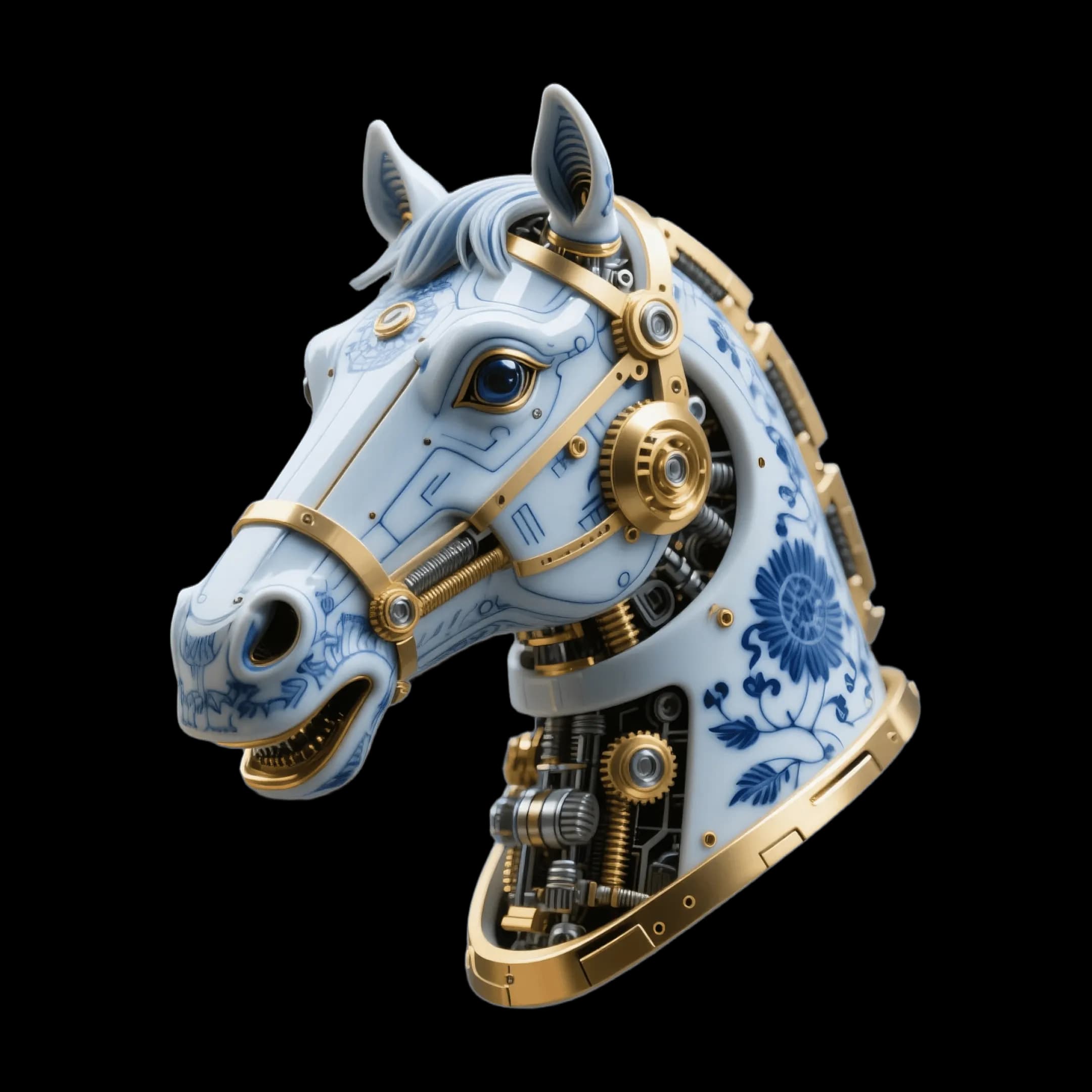 Mechanical horse head, blue white porcelain, golden clockwork gears