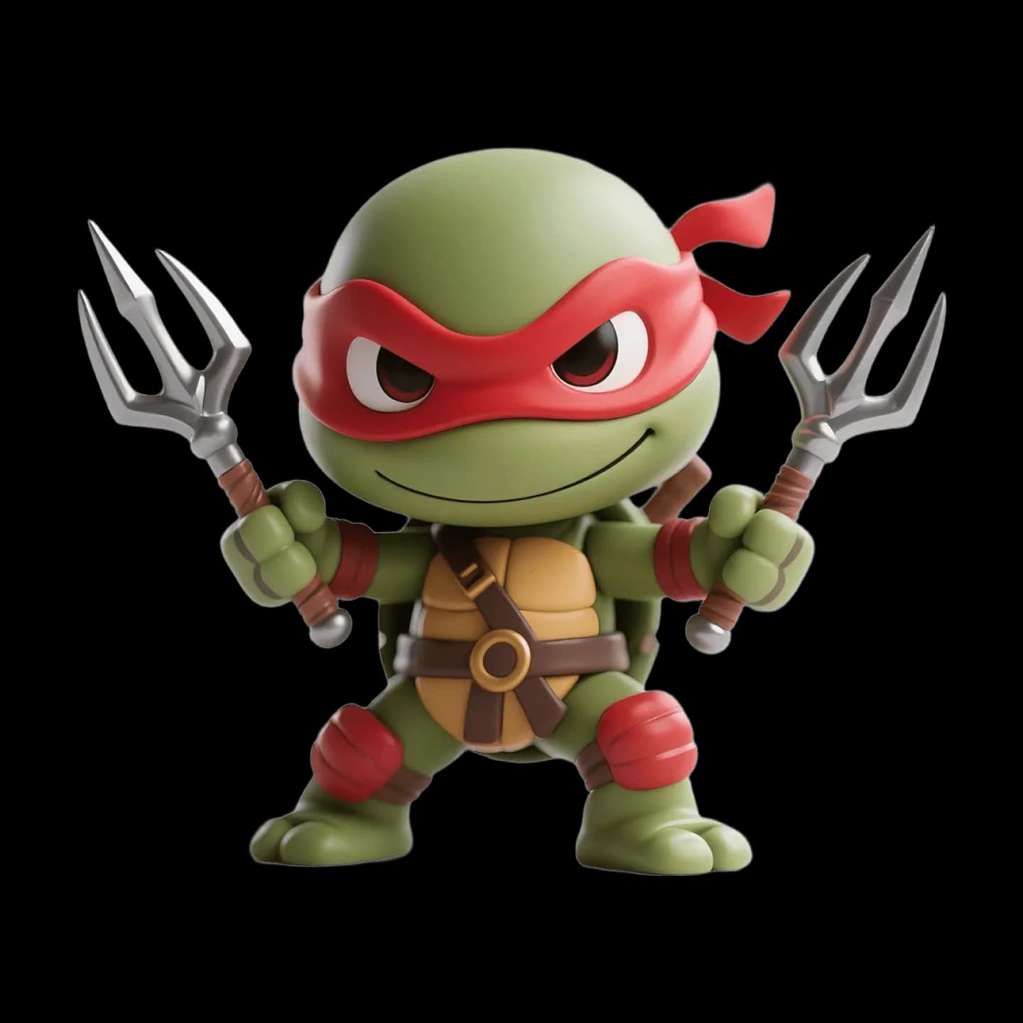 Chibi ninja turtle figure, red bandana, dual sai weapons
