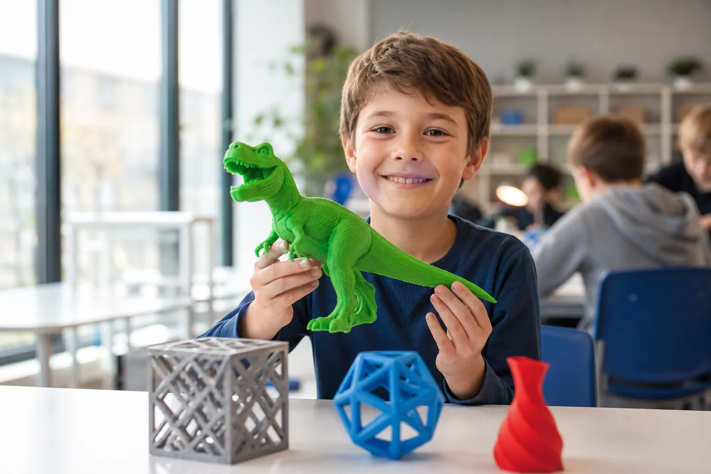 A kid holding a 3D-printed model in class